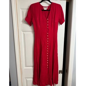 Vtg Just Choon Red Midi Dress Pearl Button Lace Up USA Size 7 READ